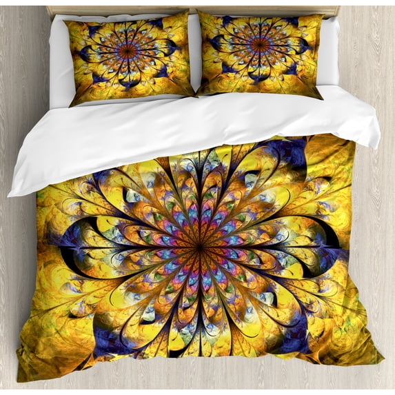 Yellow and Blue Queen Size Duvet Cover Set, Mandala with Artsy Floral Ornamental Psychedelic Fantasy Rays Asian Pattern, Decorative 3 Piece Bedding Set with 2 Pillow Shams, Multicolor, by Ambesonne