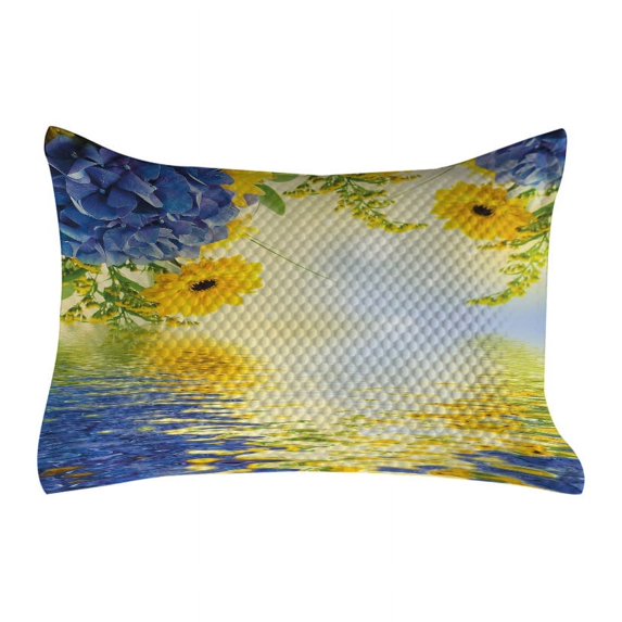 Yellow and Blue Quilted Pillowcover, Romantic Bouquet of Hydrangeas and Asters on Water Background, Standard King Size Accent Pillow Cover Bedroom, 36" x 20", Violet Blue Earth Yellow, by Ambesonne