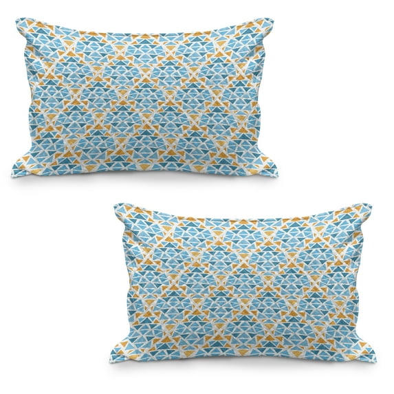 Yellow and Blue Quilted Pillowcover Set of 2, Diamond Shaped Triangle Geometric Fractal Mosaic Traditional Motif, Standard Queen Size Pillow Cover Bedroom, 30" x 20", Aqua Teal Marigold, by Ambesonne