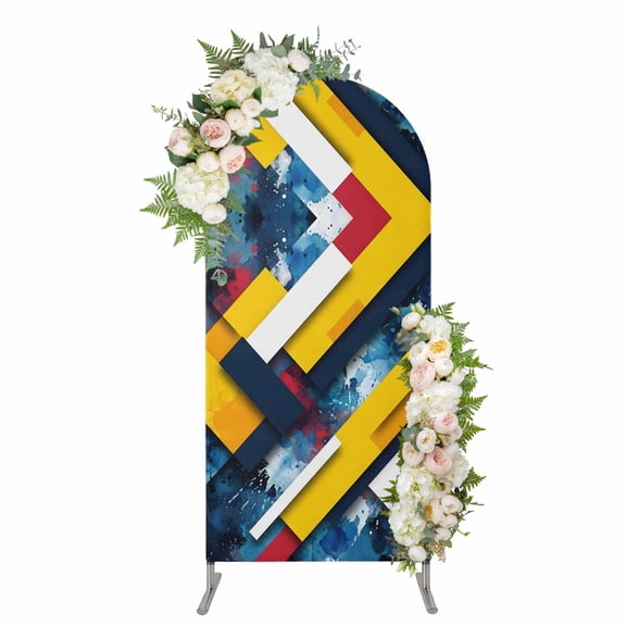 Yellow Blue Red Geometric Arch Backdrop Cover 7.2FT, Modern Color Splash Spandex Fitted Stretchy Arch Stand Covers, Round Top Chiara Backdrop Cover for Wedding Party Birthday Baby Shower