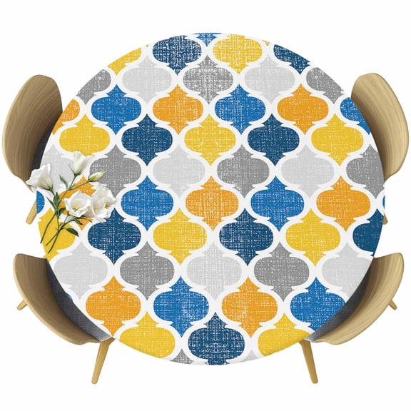 Yellow Blue Round Fitted Table Cover Moroccan Trellis Retro Abstract Geometric Waterproof Table Cloth with Elastic Edge Wipeable Tablecloth for Picnic Camping Party Fits 45"-54" Diameter