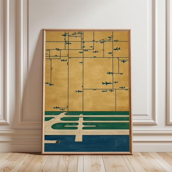 Yellow Blue Runway Map Poster, Unframed Canvas 12x16in
