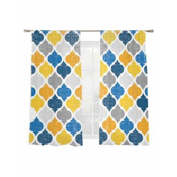 Yellow Blue Sheer Curtains 72 Inches Long 2 Panels Moroccan Trellis Retro Abstract Geometric Light Filtering Semi Sheer Window Curtains Drapes for Bedroom Living Room 52"x72"x2