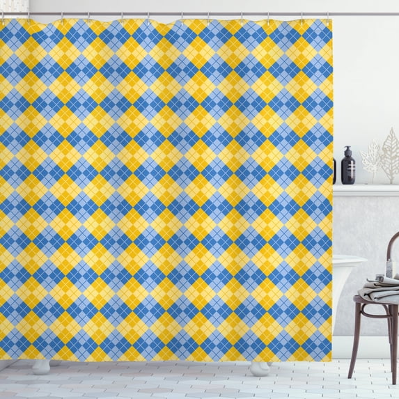 Yellow and Blue Shower Curtain, Classical Argyle Pattern with Grid Rhombuses Bicolor Pattern, Fabric Bathroom Set with Hooks, 69W X 70L Inches, Blue Pale Blue Yellow, by Ambesonne