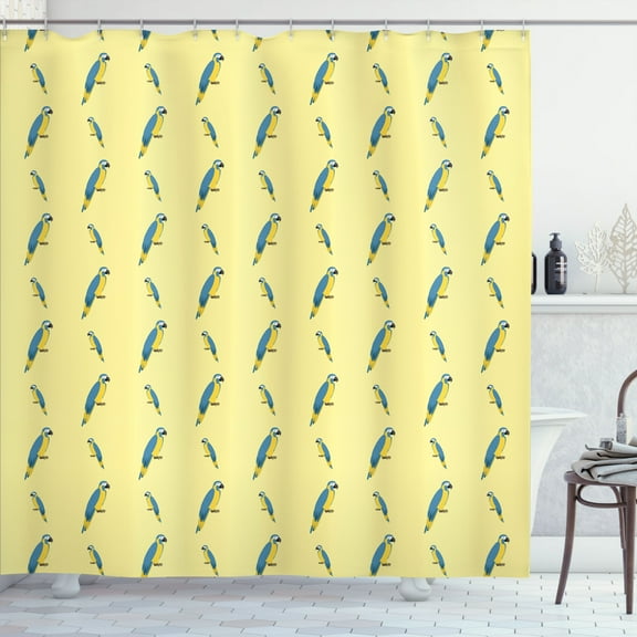Yellow and Blue Shower Curtain, Numerous Cartoon Tropical Wild Parrot Layout on Plain Backdrop, Fabric Bathroom Set with Hooks, 69W X 84L Inches Extra Long, Pastel Yellow Sea Blue, by Ambesonne