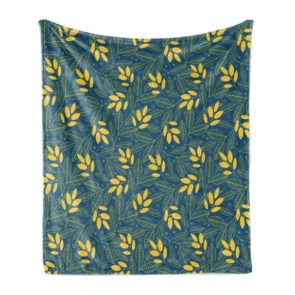 Yellow and Blue Soft Flannel Fleece Blanket, Autumn Season Foliage with Stars Circles on Blue Shade Background, Cozy Plush for Indoor and Outdoor Use, 50" x 60", Dark Blue and Yellow, by Ambesonne