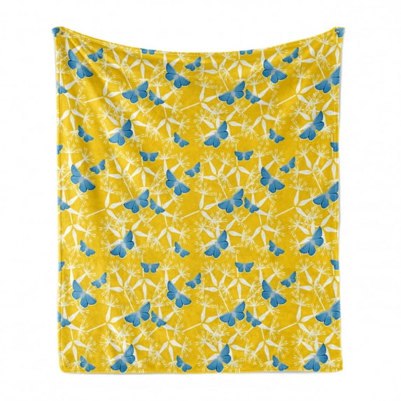 Yellow and Blue Soft Flannel Fleece Blanket, Butterflies with Tropical Flower Silhouette on Yellow Background, Cozy Plush for Indoor and Outdoor Use, 50" x 60", Blue Yellow and White, by Ambesonne