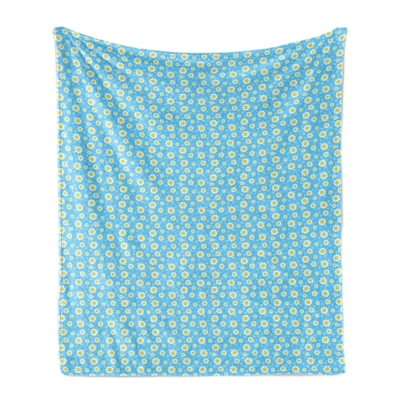 Yellow and Blue Soft Flannel Fleece Blanket, Cartoon Chamomiles Blooms and Dots Fresh Spring Season Elements, Cozy Plush for Indoor and Outdoor Use, 60" x 80", Yellow White and Blue, by Ambesonne