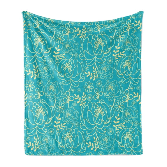 Yellow and Blue Soft Flannel Fleece Blanket, Classic Floral Twig Leaves Blooms Petals Essence Flowers Design, Cozy Plush for Indoor and Outdoor Use, 70" x 90", Turquoise Pale Yellow, by Ambesonne