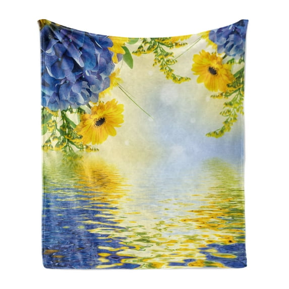Yellow and Blue Soft Flannel Fleece Blanket, Romantic Bouquet of Hydrangeas and Asters on Water Background, Cozy Plush for Indoor and Outdoor Use, 60" x 80", Violet Blue Earth Yellow, by Ambesonne