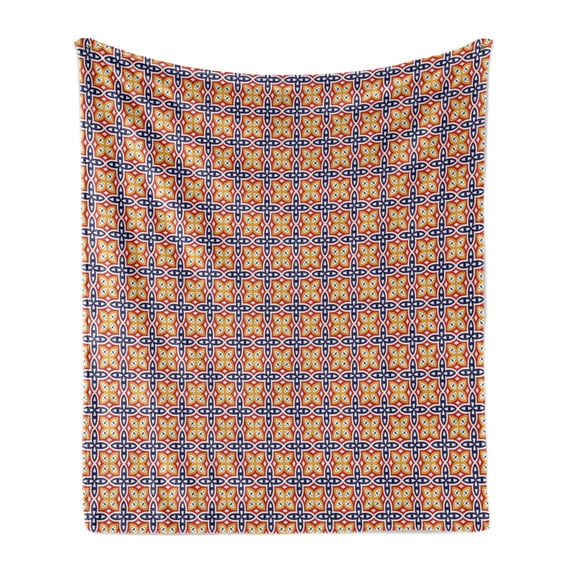 Yellow and Blue Soft Flannel Fleece Throw Blanket, Colorful Grid Flower Pattern Ornamental Medieval Eastern Design, Cozy Plush for Indoor and Outdoor Use, 50" x 60", Multicolor, by Ambesonne