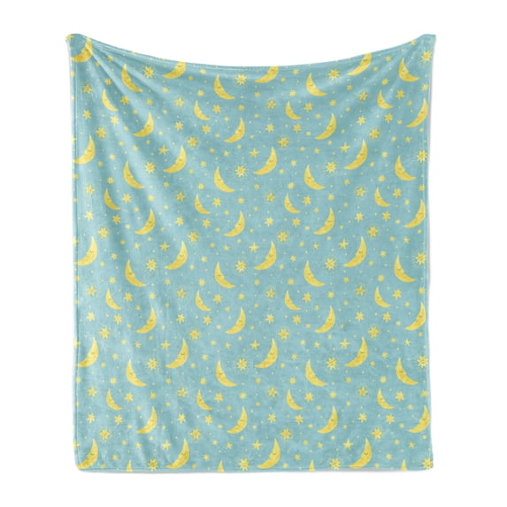 Yellow and Blue Soft Flannel Fleece Throw Blanket, Doodle Night Sky with Pastel Crescent Moon and Stars Sleeping, Cozy Plush for Indoor and Outdoor Use, 50" x 70", Pale Blue and Yellow, by Ambesonne