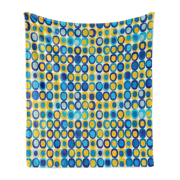 Yellow and Blue Soft Flannel Fleece Throw Blanket, Grid Style Circular Shapes on Off White Background Retro Revival Motifs, Cozy Plush for Indoor and Outdoor Use, 50" x 60", Multicolor, by Ambesonne