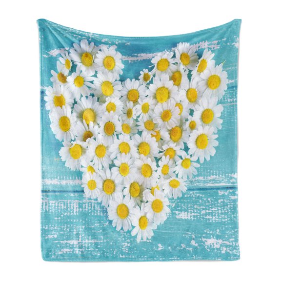 Yellow and Blue Soft Flannel Fleece Throw Blanket, Heart Shaped Daisy Flowers Romantic Lovers Chamomile Blossoms Print, Cozy Plush for Indoor and Outdoor Use, 50" x 60", Sky Blue White, by Ambesonne