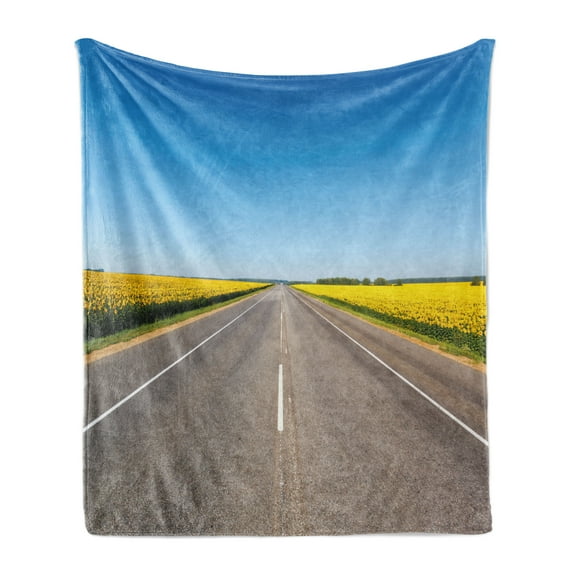 Yellow and Blue Soft Flannel Fleece Throw Blanket, Roadme Highway with Sunflower Field Backdrop Nature Panorama, Cozy Plush for Indoor and Outdoor Use, 50" x 60", Grey Sky Blue, by Ambesonne