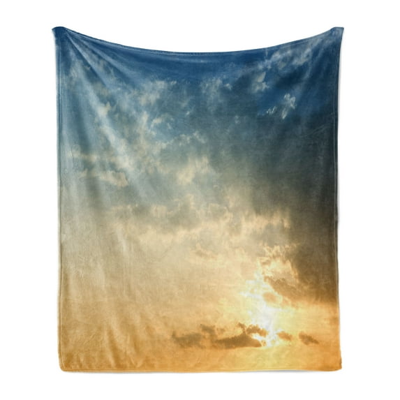 Yellow and Blue Soft Flannel Fleece Throw Blanket, Sky with Sun Rays Dusk Clouds Mystic Summer Air Tranquil Landscape, Cozy Plush for Indoor and Outdoor Use, 70" x 90", Slate Blue Sepia, by Ambesonne