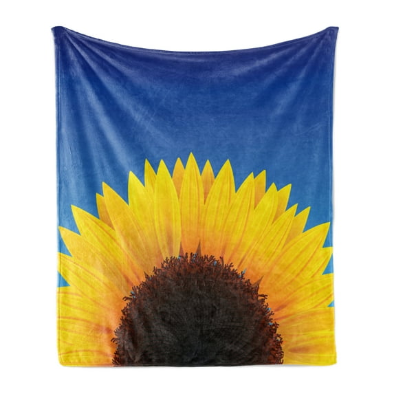 Yellow and Blue Soft Flannel Fleece Throw Blanket, Sunflower with Summer Sky Agriculture Themed Digital Design, Cozy Plush for Indoor and Outdoor Use, 70" x 90", Dark Brown Yellow, by Ambesonne