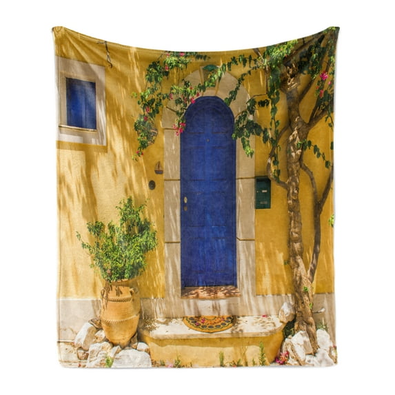 Yellow and Blue Soft Flannel Fleece Throw Blanket, Traditional Greek House Door with Flowers and Tree Mediterranean Scenery, Cozy Plush for Indoor and Outdoor Use, 70" x 90", Multicolor, by Ambesonne