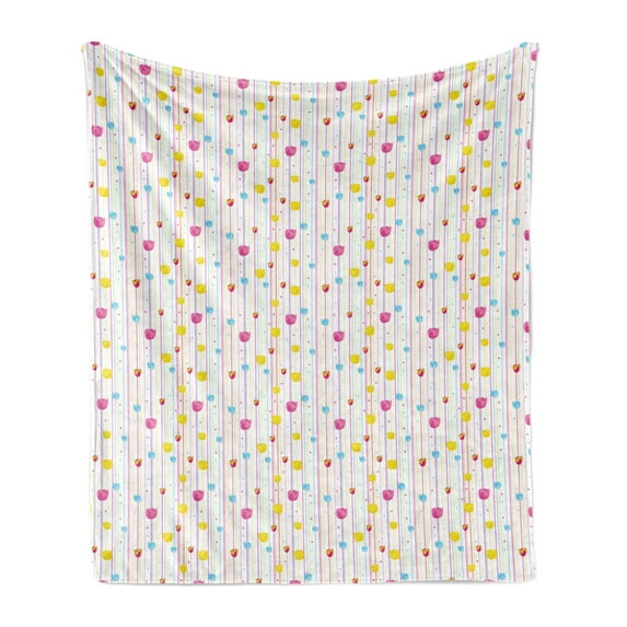 Yellow and Blue Soft Flannel Fleece Throw Blanket, Vertical Thin Stripes with Little Flowers and Colorful Tulips, Cozy Plush for Indoor and Outdoor Use, 50" x 60", Pink Yellow Pale Blue, by Ambesonne