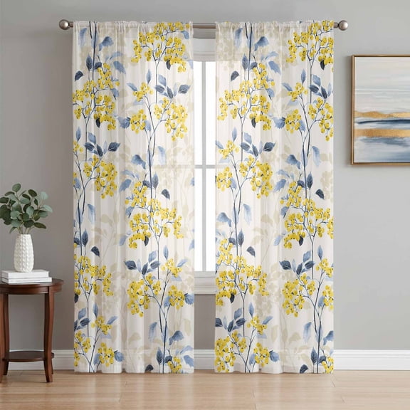 Yellow Blue Spring Floral Semi Sheer Curtains 108 Inch Length 2 Panels Set, Summer Botanical Farmhouse Sheer Kitchen Curtain Privacy Voile Window Curtain for Living Room Bedroom Rod Pocket Drapes