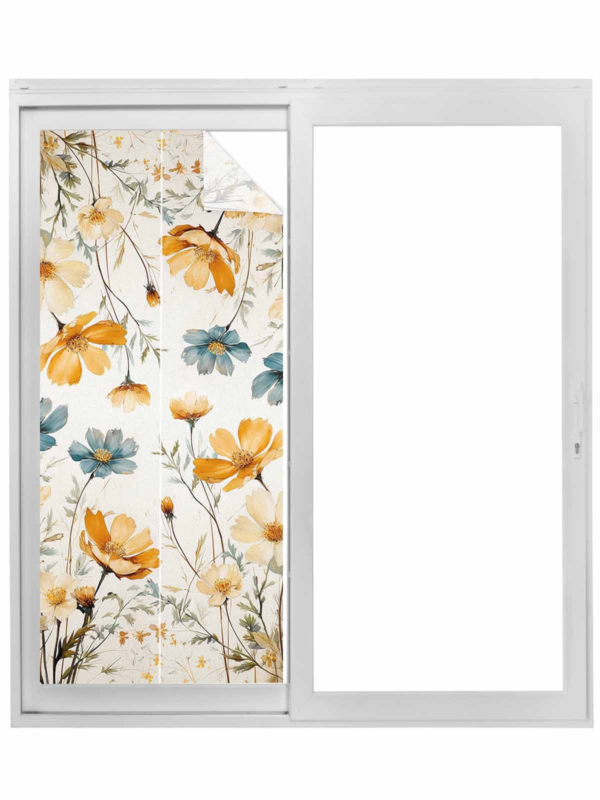 Yellow Blue Spring Floral Window Privacy Film, Watercolor Summer Botanical Static Cling UV Sun Blocking Tint Film Heat Control Windows Films for Bedroom Bathroom, Window Stickers 23.6"x59"