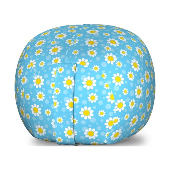 Yellow and Blue Storage Toy Bag Chair, Cartoon Chamomiles Blooms and Dots Fresh Spring Season Elements, Stuffed Animal Organizer Washable Bag, Small Size, Yellow White and Blue, by Ambesonne