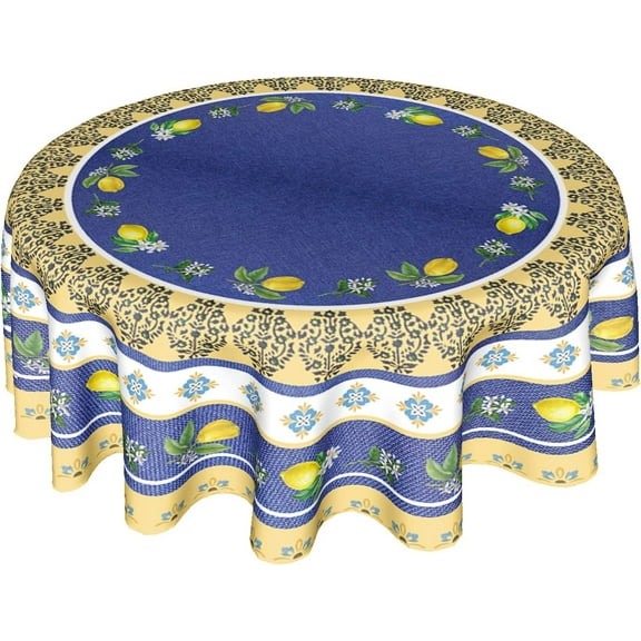 Yellow and Blue Tablecloth Round 60 Inch Spring Summer Lemon Table Cloth Washable Farmhouse Navy Blue Table Cover for Kitchen Dinner Room Holiday Picnic Party Camping Indoor Outdoor Decor