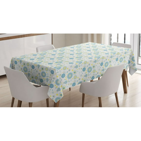 Yellow and Blue Tablecloth, Spring Nature Inspired Pattern Flower Scrapbook Style, Rectangle Satin Table Cover Accent for Dining Room and Kitchen, 52" X 70", Blue Yellow Pale Grey, by Ambesonne