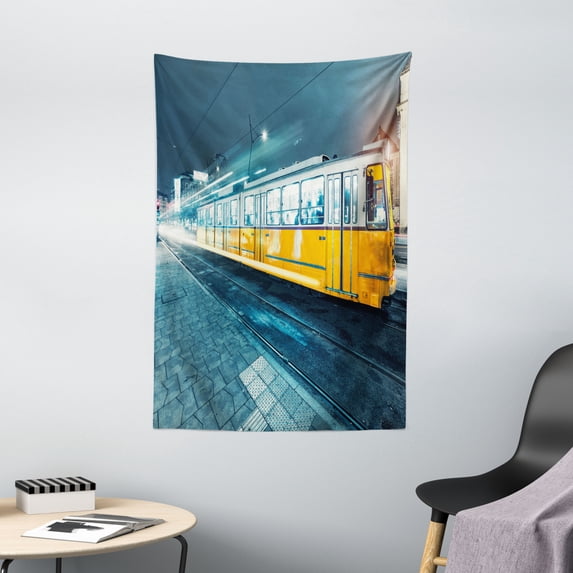 Yellow and Blue Tapestry, Old Tram in the City Center Vintage Urban Train Station European Town Image, Wall Hanging for Bedroom Living Room Dorm Decor, 40W X 60L Inches, Slate Blue, by Ambesonne