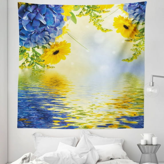 Yellow and Blue Tapestry, Romantic Bouquet of Hydrangeas and Asters on Water Background, Fabric Wall Hanging Decor for Bedroom Living Room Dorm, 5 Sizes, Violet Blue Earth Yellow, by Ambesonne