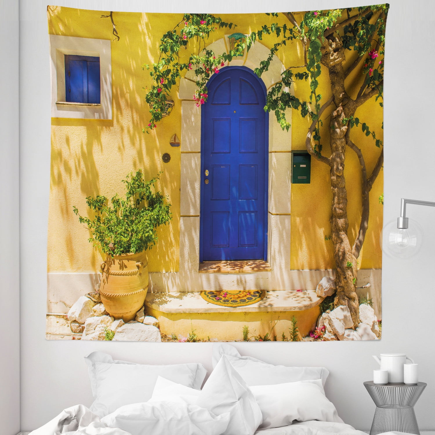 Yellow and Blue Tapestry Traditional Greek House Door with Flowers and Tree Mediterranean Scenery Fabric Wall Hanging Decor for Bedroom Living Room Dorm 5 Sizes Multicolor by Ambesonne Walmart