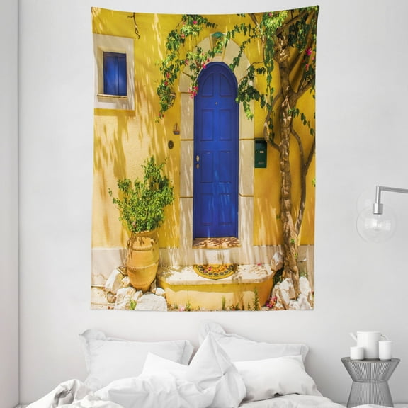 Yellow and Blue Tapestry, Traditional Greek House Door with Flowers and Tree Mediterranean Scenery, Wall Hanging for Bedroom Living Room Dorm Decor, 60W X 80L Inches, Multicolor, by Ambesonne