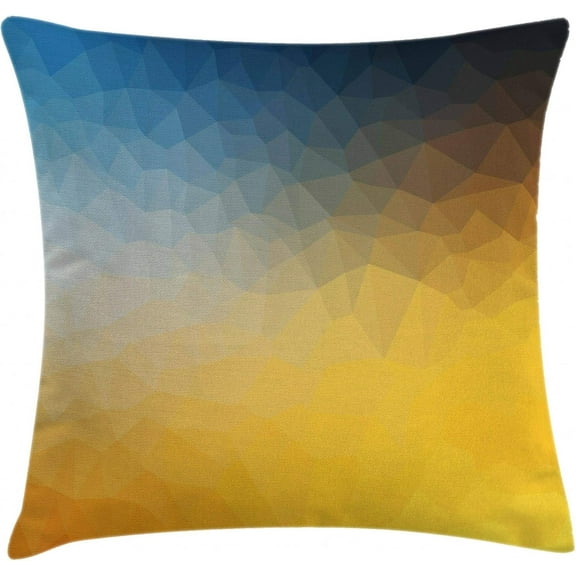 Yellow and Blue Throw Pillow Cushion Cover, Abstract Polygon Style Fractal Gradient Geometric Background Art, Decorative Square Accent Pillow Case, 18" X 18", Slate Blue Marigold