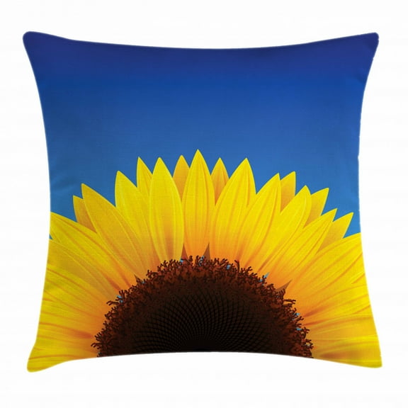 Yellow and Blue Throw Pillow Cushion Cover, Sunflower with Summer Sky Agriculture Themed Digital Design, Decorative Square Accent Pillow Case, 16 X 16 Inches, Dark Brown Yellow and Blue, by Ambesonne