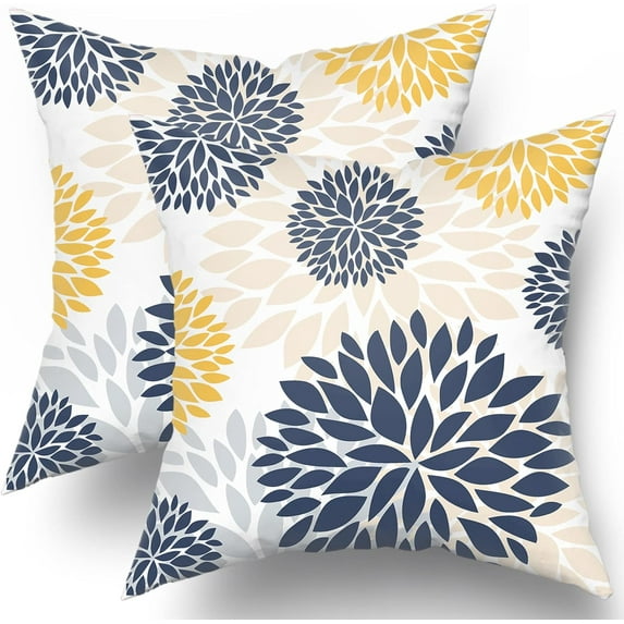 Yellow and Blue Throw Pillows Covers 20x20 Set of 2, Gray Navy Dahlia Flower Pillow Cushion Cases, Floral Decor Throw Pillows Cover Gifts for Bed Couch Sofa Living Room