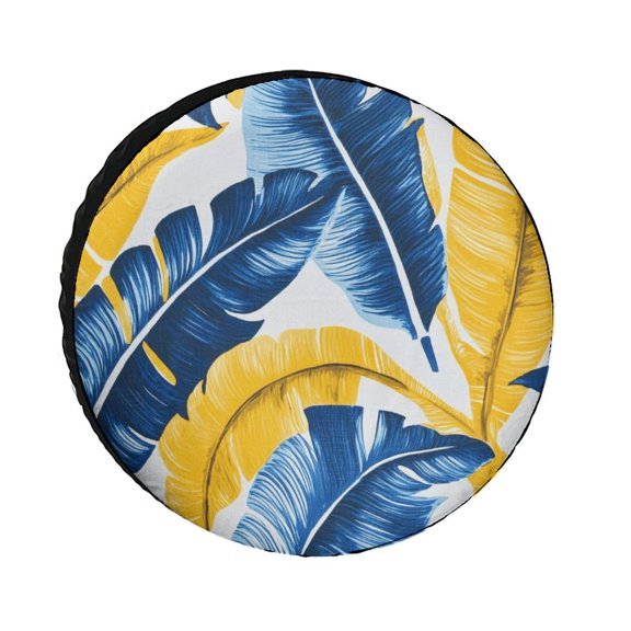 Yellow And Blue Tropical Leaves Heavy Duty Spare Tire Cover Botanical Tropical Banana Leaf Wheel Tire Covers Waterproof Sun Protection for Camper Truck Travel Trailer 12inch