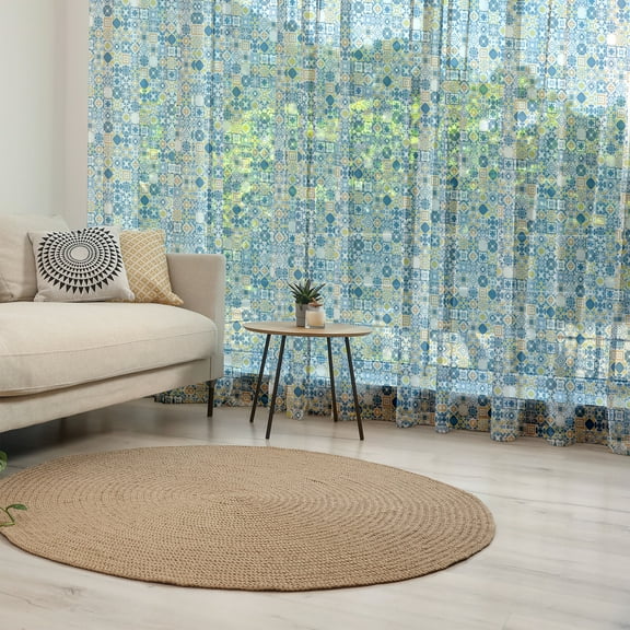 Yellow and Blue Tulle Curtains with Rod Pocket, Mosaic Portuguese Azulejo Mediterranean Effect, Sheer Drape for Wedding Party 2 Panels, 7 Sizes, Violet Blue Mustard, by Ambesonne