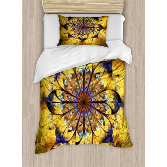 Yellow and Blue Twin Size Duvet Cover Set, Mandala with Artsy Floral Ornamental Psychedelic Fantasy Rays Asian Pattern, Decorative 2 Piece Bedding Set with 1 Pillow Sham, Multicolor, by Ambesonne