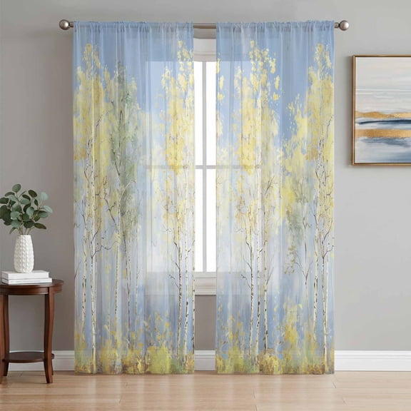 Yellow Blue Vintage Semi Sheer Window Curtains 84 Inches Long, Modern Abstract Art Oil Paiting Rod Pocket Voile Chiffon Curtain Light Filtering Drapes for Living Room, Kitchen, 52"x84", 2 Panels