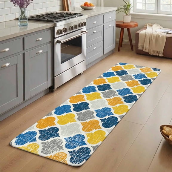 Yellow Blue Washable Runner Rug 2X5 ft Moroccan Trellis Retro Abstract Geometric Non-Slip Hallway Runner Rug, Linen Kitchen Runner Mats, Indoor Floor Carpet for Entryway Bathroom Bedroom Living Room