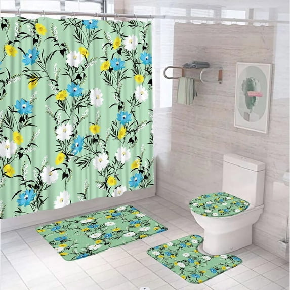 Yellow Blue White Wildflowers Shower Curtain Set For Bathroom Decor Bath Mat Toilet Lid Cover Carpet Rug Floral Plant Tub Screen