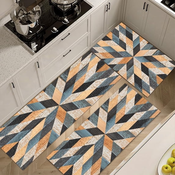 Yellow Blue Wood Textured Diamond Rug Colorful Patchwork Rugs Farmhouse Kitchen Rugs Sets 3 Piece with Runner Soft Kitchen Carpets and Rug Non Slip Washable for Entryway Front Door Laundry