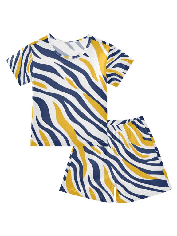 Yellow Blue Zabra Skin Stripes Pajamas Set Short Sleeves Sleepwear Top with Shorts Loose Fit Lounge Wear Unisex 5Y