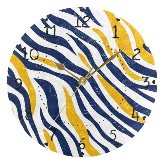 Yellow Blue Zabra Skin Stripes Round Wall Clock Silent Analog Battery Operated Gold Pointer Home Decor 9.84" Diameter