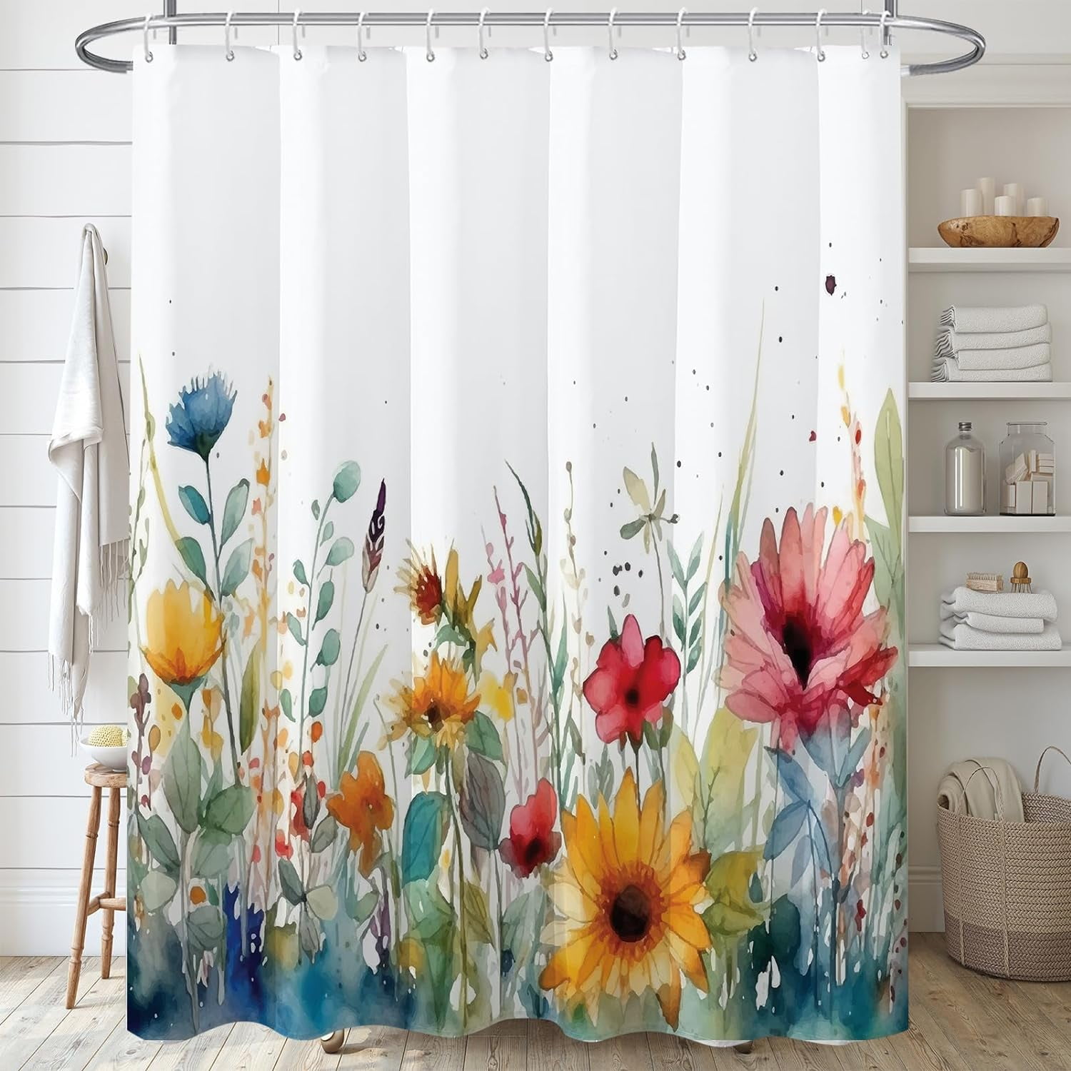 Yellow and Blush Floral Shower Curtain,Watercolor Cute Wild Herbs Plant ...