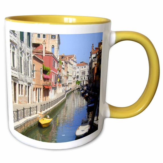 3drose, Yellow Boat in Canal, 11oz Two-tone Yellow Mug