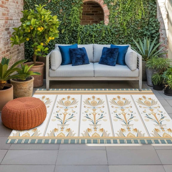 Yellow Bohemian Flower Indoor Outdoor Rugs 5x8 Ft, Tribe Boho Aztec Outdoor Patio Rugs Mat Washable Outside Area Rugs Carpet for Porch Deck RV Camping Pool Balcony Backyard