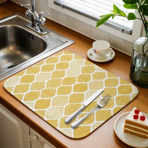 Yellow Bohemian Geometric Texture 1 Pack Dish Drying Mat,Absorbent Drying Pad Abstract Moroccan Pattern Microfiber Kitchen Countertop Protector Mats Dish Drainer Rack Mat for Cups Glassware,16x18in