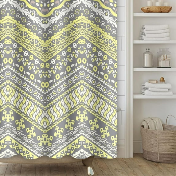 Yellow Bohemian Shower Curtain,Yellow Gray Boho Shower Curtain Set for Bathroom,Colorful Stripe Modern Fabric Bath Curtain with Hooks, 72x84in