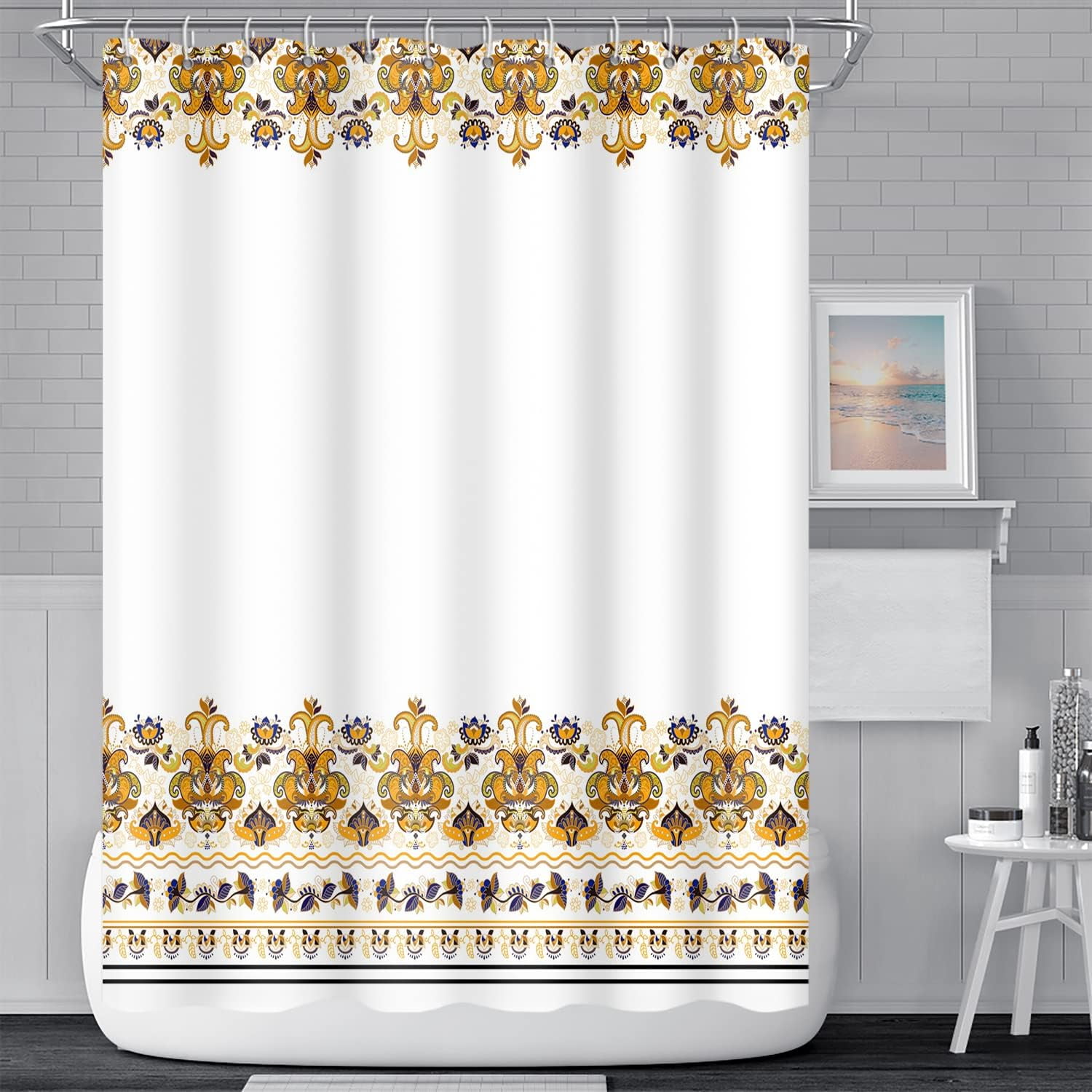 Yellow Boho Bathroom Shower Curtain Gold Floral Pattern Exotic Paisley ...